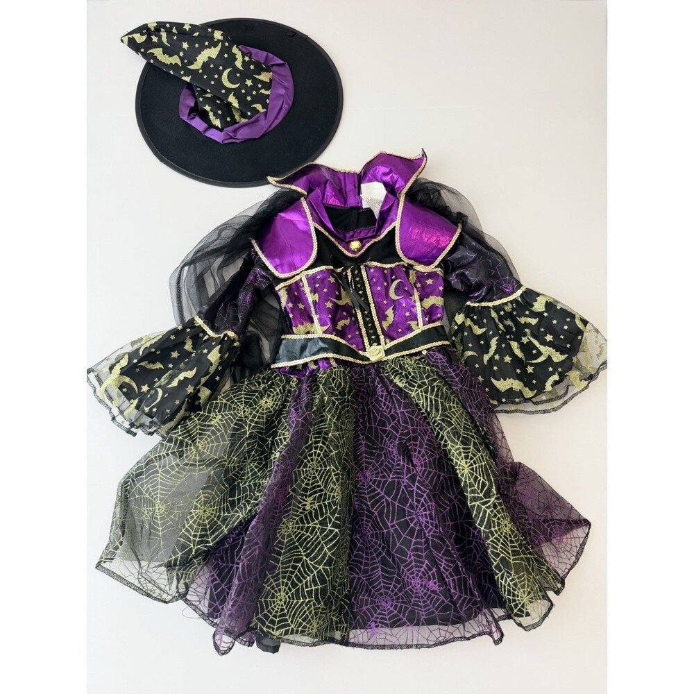 Girls Witch Costume Size 5-6 Purple Gold Halloween Dress Hat Spiderweb Sorceress